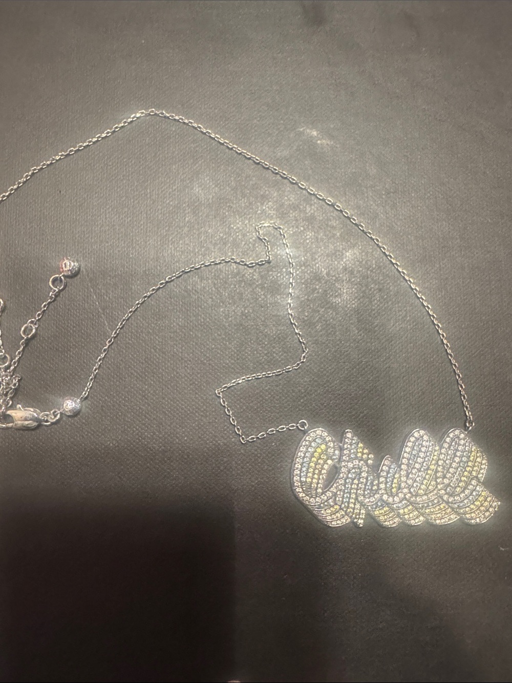 Henri Bendel Chill Script Necklace — Multicolor Crystal Pendant on Silver Chain - Picture 2 of 3